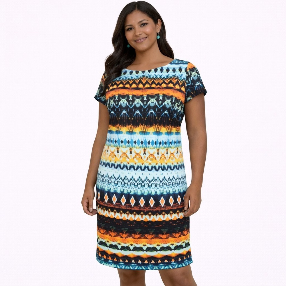 SHELBY & PALMER Size 10 Colorful Tribal Print Short Sleeve Knee Length Dress EUC